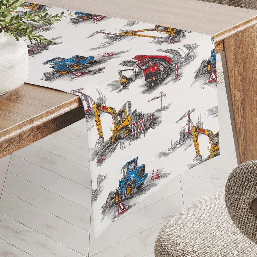 Biante Detský bavlnený behúň na stôl Sandra SA-578 Nákladiaky a bagre na bielom 45x160 cm