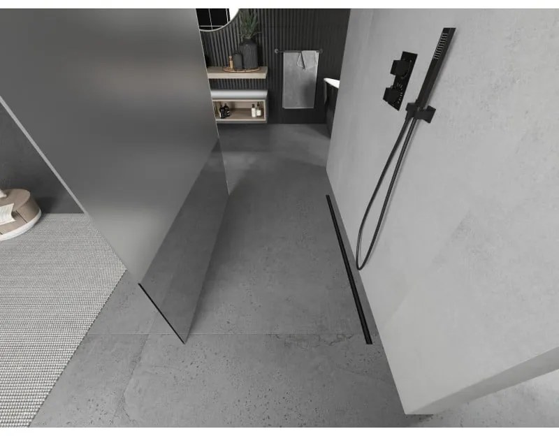 Mexen Kioto, priechodná sprchová zástena 120 x 200 cm, 8mm sklo číre/námraza, 2x čierna stabilizačná rozpera, 800-120-002-70-35