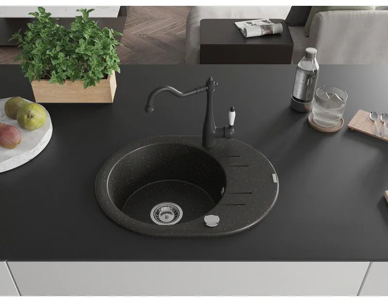 Mexen Kevin, drez granitový 586x458x190 mm, 1-komorový a drezová batéria Carla, čierna-zlatá metalíza, 6517-75-670700-70