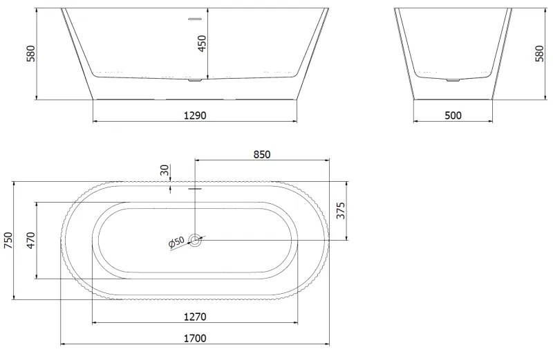 Mexen Yara, voľne stojaca ryhovaná vaňa 170 x 75 cm, biela-čierna, zlatý lesklý prepad, 52861707575-50