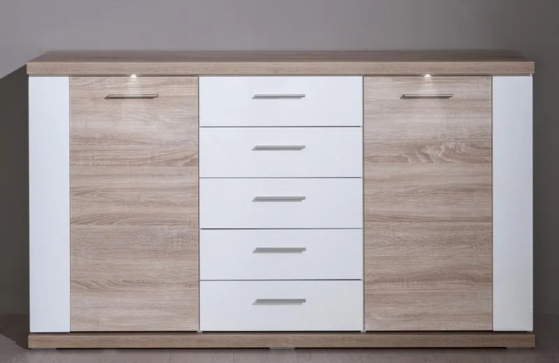 Široká komoda Caracas typ 21, dub/biely lesk, s osvetlením