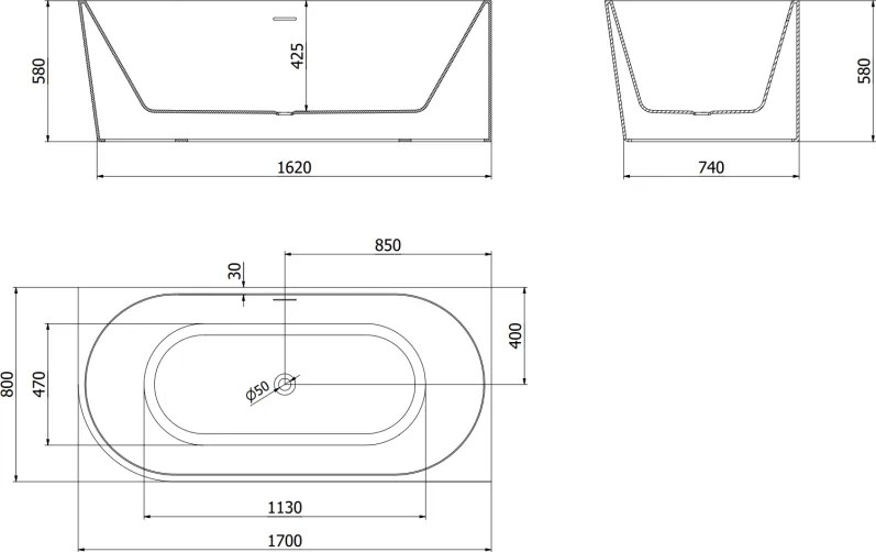 Mexen Mia, voľne stojaca rohová vaňa, pravá, 170 x 80 cm, biela-čierna, brúsená oceľ prepad, 52691708075P-97