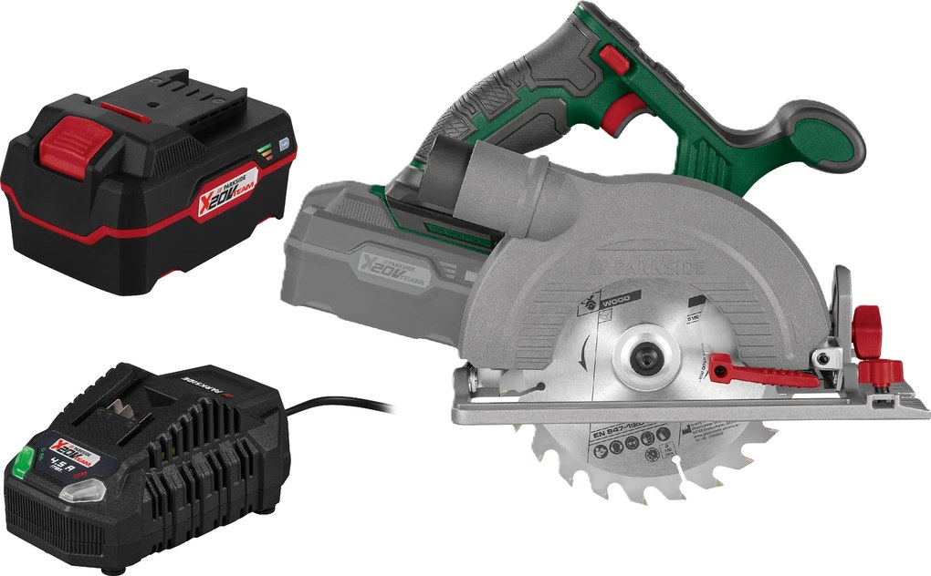 Parkside®  Aku ručná kotúčová píla 20 V Phksa 20-Li C4 + Akumulátor 20 V/4 Ah + Rýchlonabíjačka 20 V/4,5 A  (800012340)