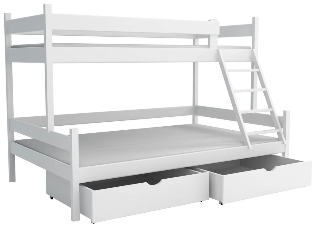 Detská poschodová posteľ z masívu borovice s rozšíreným spodným lôžkom NEVADA so šuplíkmi - 200x90/140 cm - BIELA