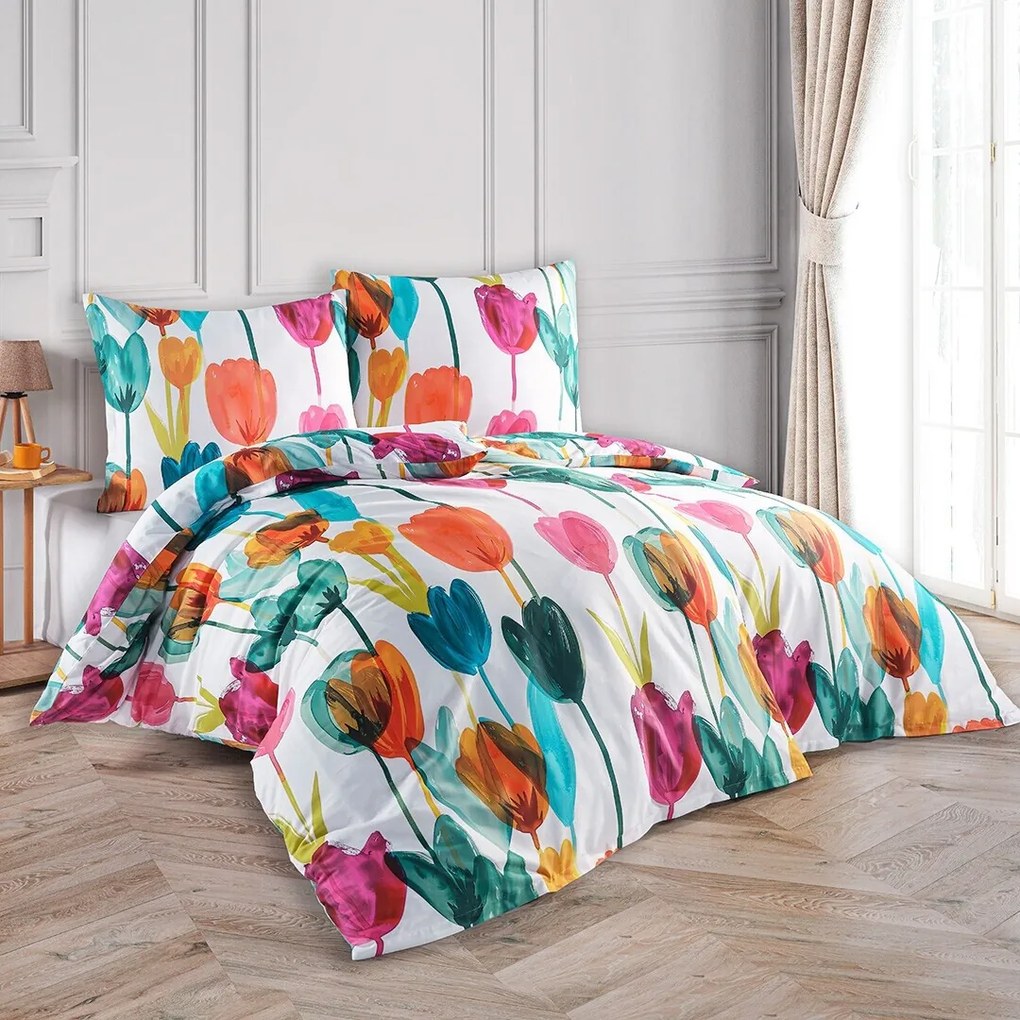 BedTex Saténové obliečky Tulipi, 135 x 200 cm, 80 x 80 cm, 135 x 200 cm, 80 x 80 cm