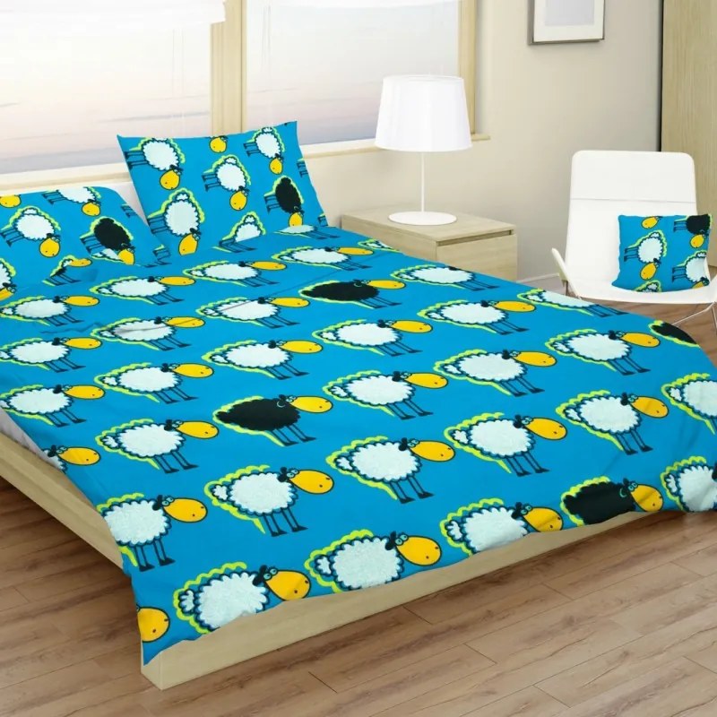 Obliečky bavlnené detské Ovečky modré TiaHome - 1x Vankúš 90x70cm, 1x Paplón 140x200cm