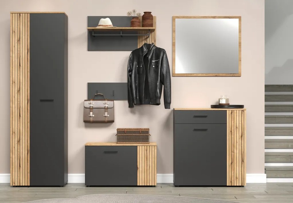 Predsieňová šatníková skriňa s policami Esteban, antracit/dub evoke
