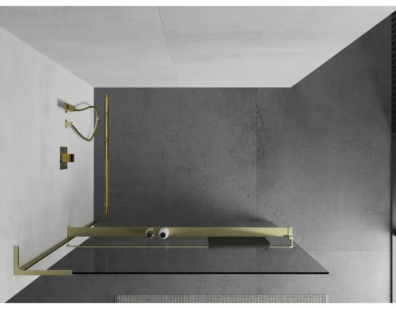 Mexen Kioto+ L, sprchová zástena Walk-In s poličkou a vešiakom 80 x 200 cm, 8mm číre sklo, zlatý matný profil, 800-080-123-55-00