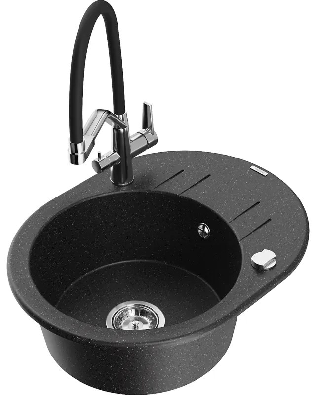 Mexen Kevin, granitový drez 586x458x190 mm, 1-komorový a biela batéria Duo, čierna-strieborná metalíza, 6517-73-671701-07