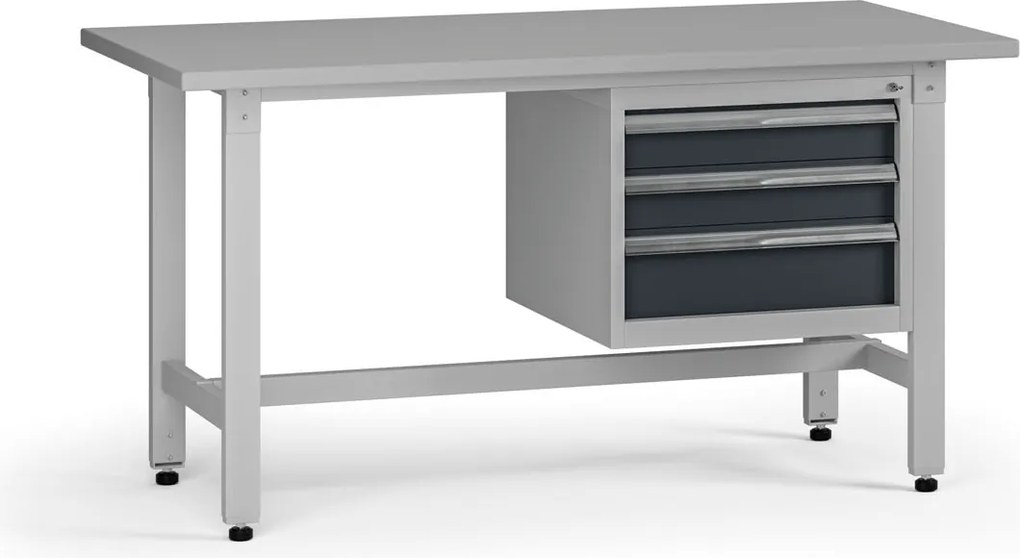 Výškovo nastaviteľný dielenský stôl G5, 1500 x 750 x 800-1000 mm, 1x kontajner, 3 zásuvky, grafit
