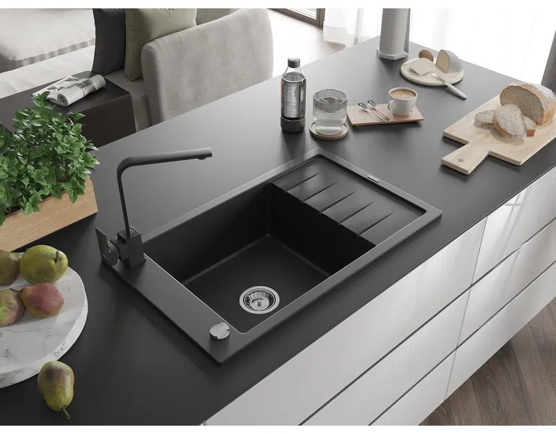Mexen Elias, granitový drez granitový 795x480x200 mm, 1-komorový, čierna s chrómovým sifónom a čierna drezová batéria Rita, 6511-77-670300-70