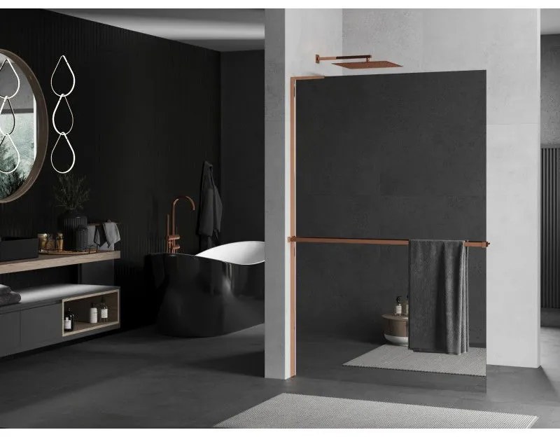 Mexen Kioto+ L, sprchová zástena Walk-In s poličkou a vešiakom 100 x 200 cm, 8mm sklo vzor zrkadlo, ružové zlato profil, 800-100-123-60-50