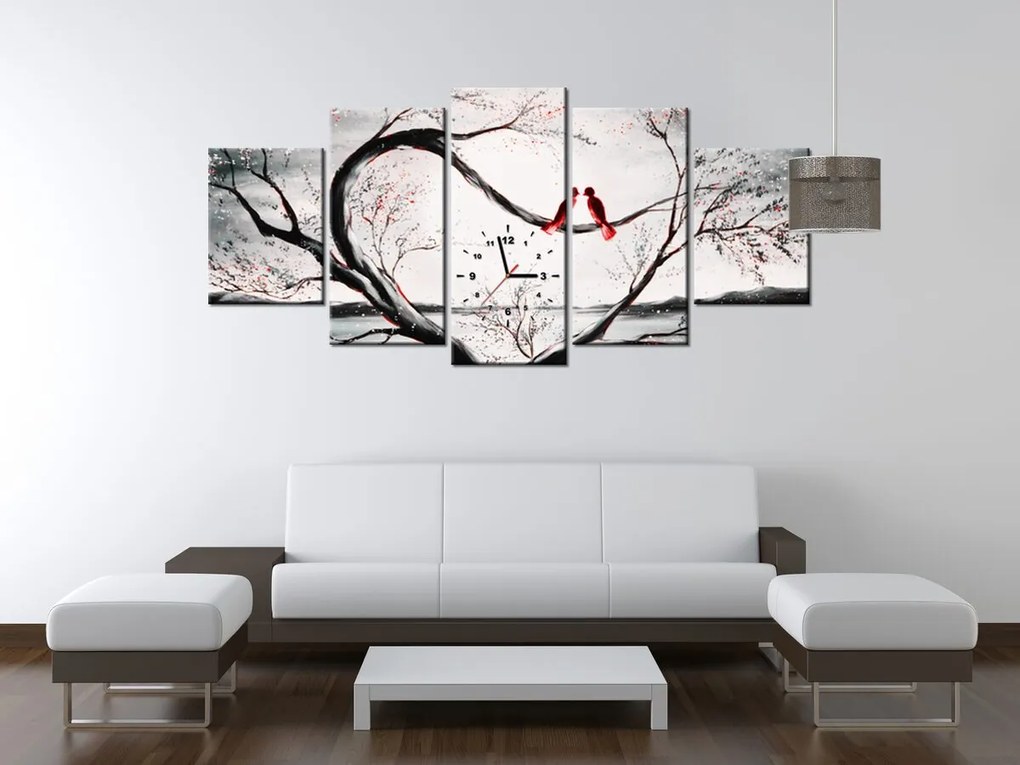 Gario Obraz s hodinami Vtáčia láska - 5 dielny Rozmery: 150 x 105 cm