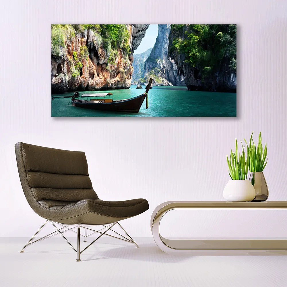 Obraz na akrylátovom skle Loď jazero skaly krajina 120x60 cm
