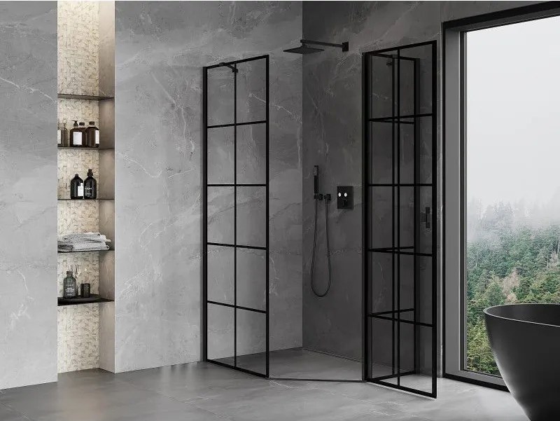 Mexen Mist, päťuholníkový sprchový kút, pravý 80 x 100 cm, číre sklo-čierna mriežka, 8A8-080-100-70-77-P