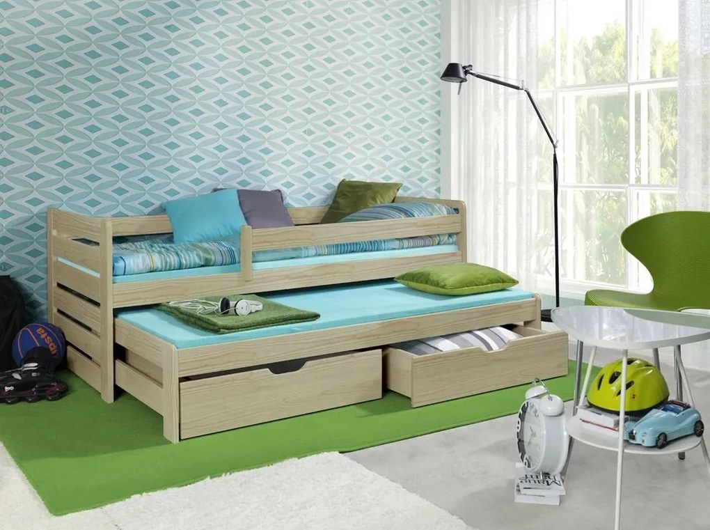 Detská posteľ z masívu borovice TOMÁŠ II s prístelkou a šuplíky - 200x90 cm - prírodná borovica