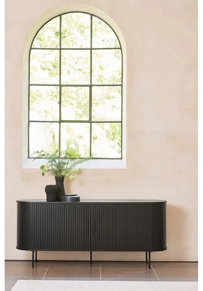 Čierna nízka komoda v dekore duba s posuvnými dverami 76x180 cm Nola – Unique Furniture