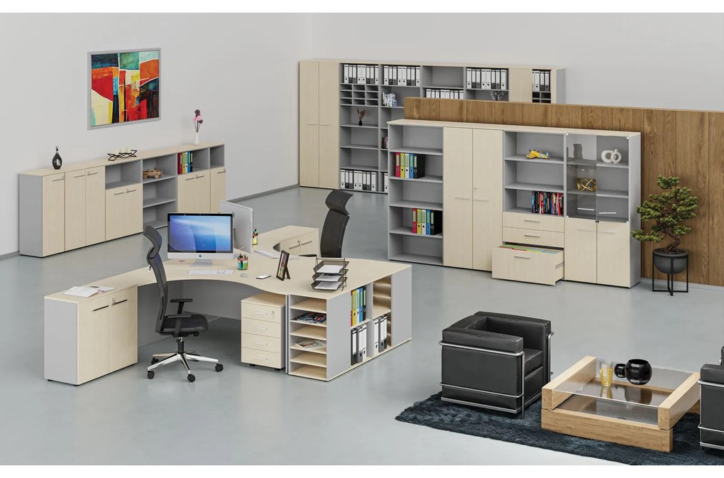 Kombinovaná kancelárska skriňa PRIMO GRAY, dvere na 3 poschodia, 2128 x 800 x 420 mm, sivá/breza