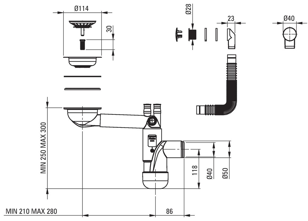 Deante Corda, granitový drez pod dosku 550x460x204 mm, 3,5" + priestorovo úsporný sifón, 1-komorový, šedá, ZQA_S10C