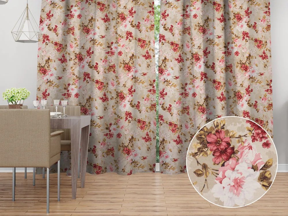 Biante Dekoračný záves Leona LN-167 Plané ruže na béžovom 130x250 cm