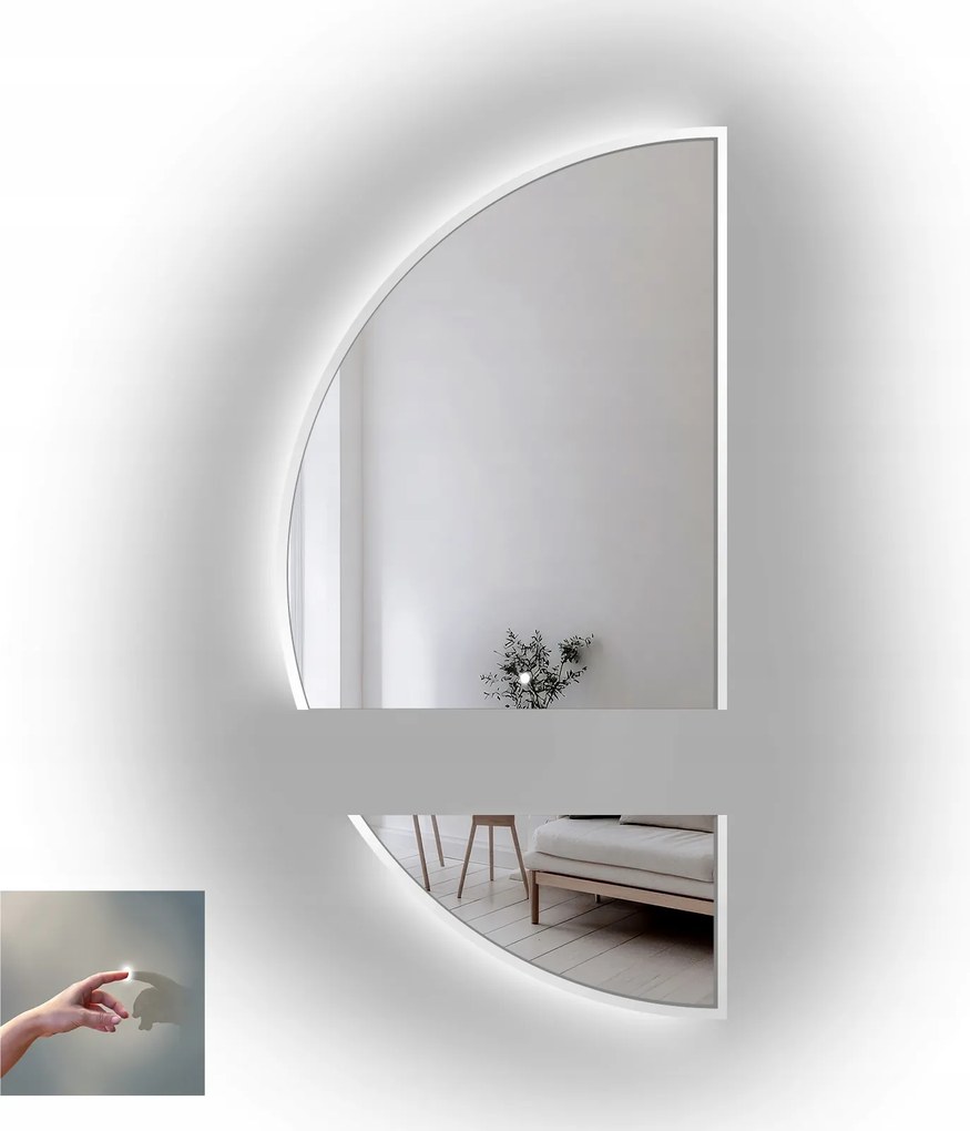 Polkruhové zrkadlo Doppio v bielom ráme Mdf v dvoch častiach s Led diódami 110X220
