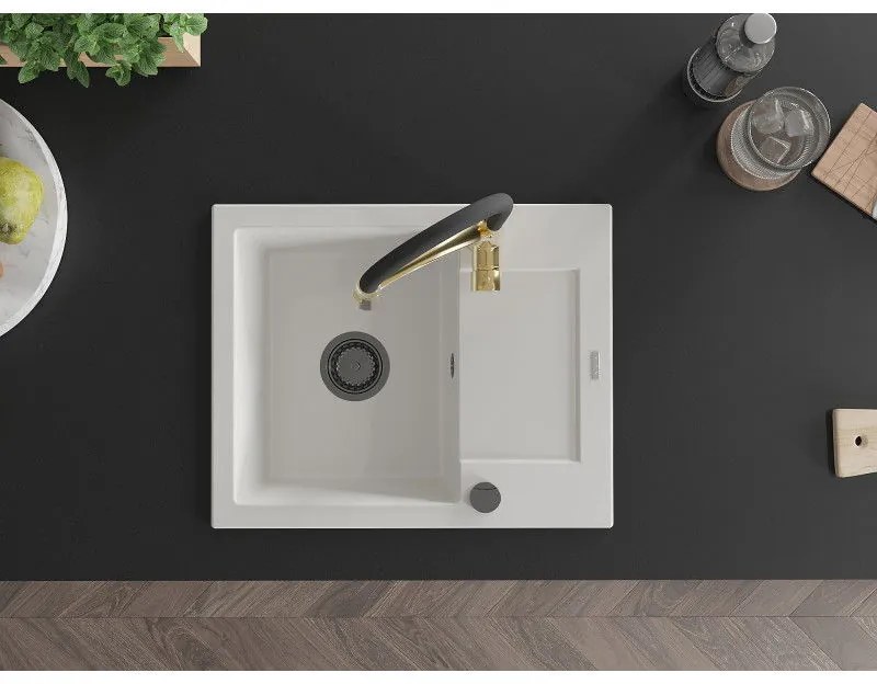 Mexen Enzo, 1-komorový granitový drez 576x465x174 mm a drezová batéria Aster, biela, 6506-20-73450-57-B