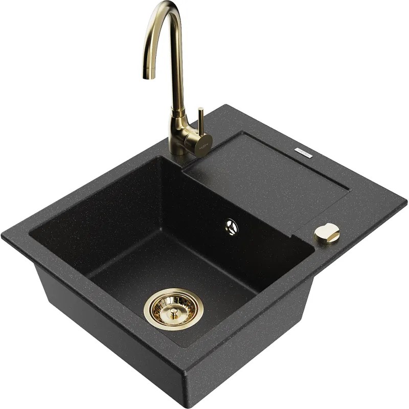 Mexen Enzo, granitový drez 576x465x174 mm, 1-komorový, zlatá batéria Telma, čierna-strieborná metalíza, 6506-73-670200-50