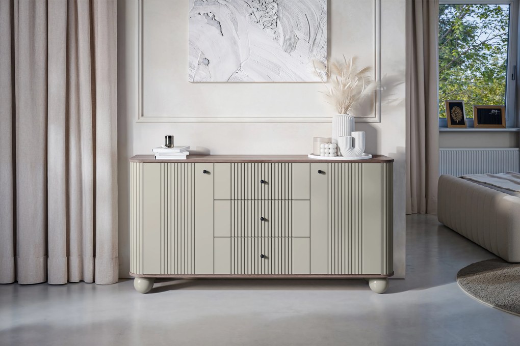 Komoda Vesper 160 cm so zásuvkami na guľatých nohách - kašmír / orech / čierne úchytky