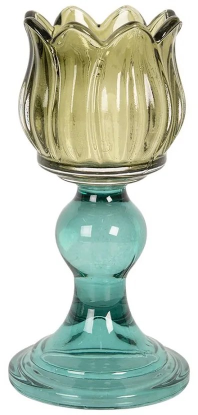 Tyrkysovo-zelený sklenený svietnik tulipán Colorful Garden - Ø 8*16 cm