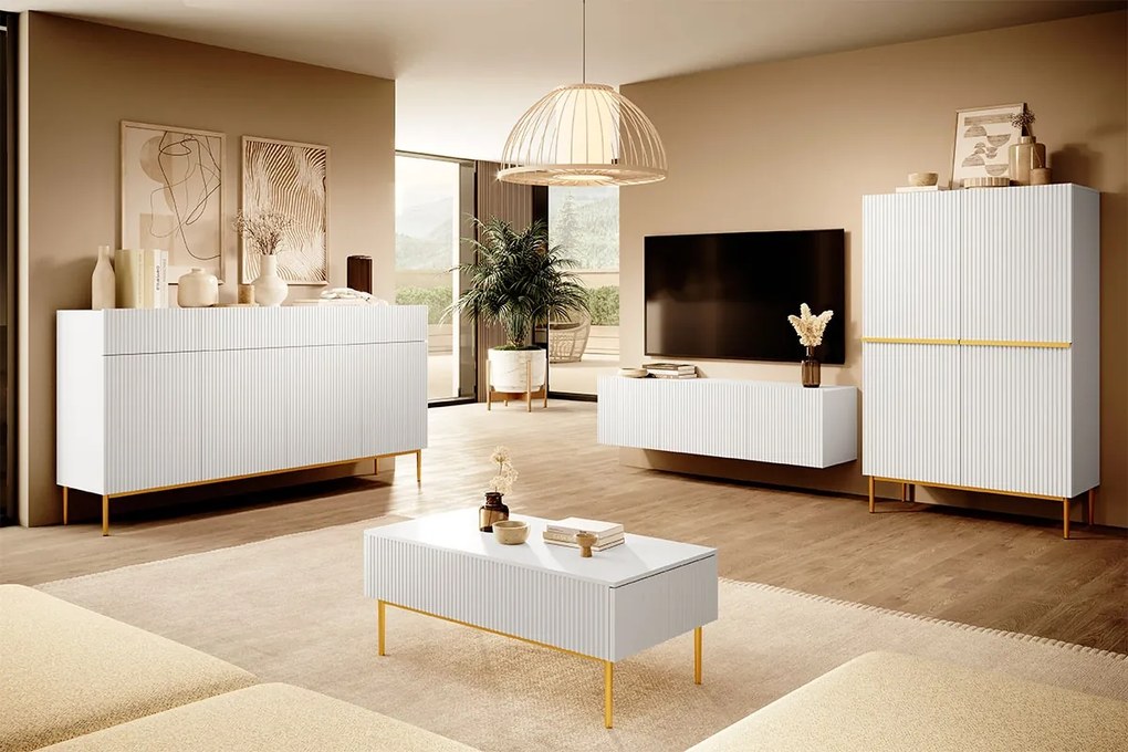 Komoda so zásuvkami Nicole 200 cm - biely mat / zlaté nohy