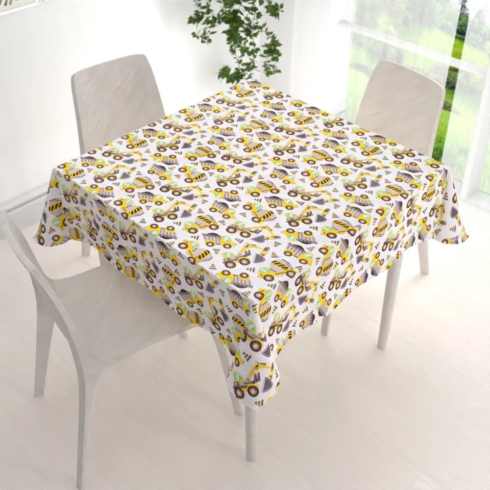 Biante Detský bavlnený štvorcový obrus Sandra SA-291 Žlté stavebné autá na bielom 80x80 cm