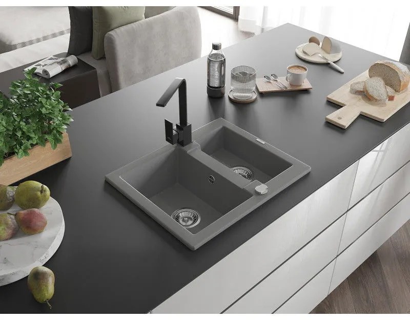Mexen Carlos, 1,5-komorový granitový drez s odkvapkávačom 582x475x177 mm a čierna kuchynská batéria Rita, šedá, 6518-71-670300-70