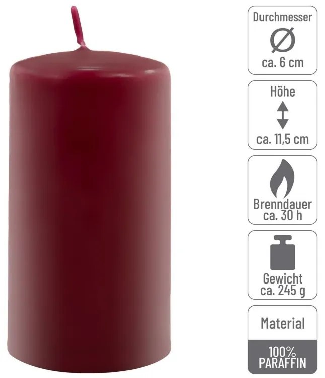 Sada stĺpových sviečok, 11,5 cm, Ø 6 cm, vínová, 12 ks