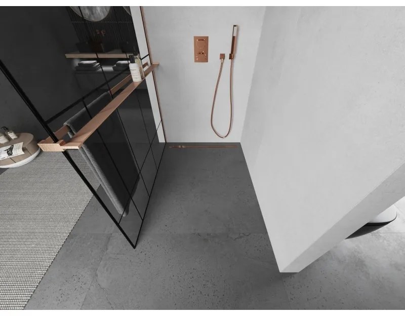 Mexen Kioto+ L, sprchová zástena Walk-In s poličkou a vešiakom 80 x 200 cm, 8mm číre sklo čierny vzor, medený matný profil, 800-080-123-65-78