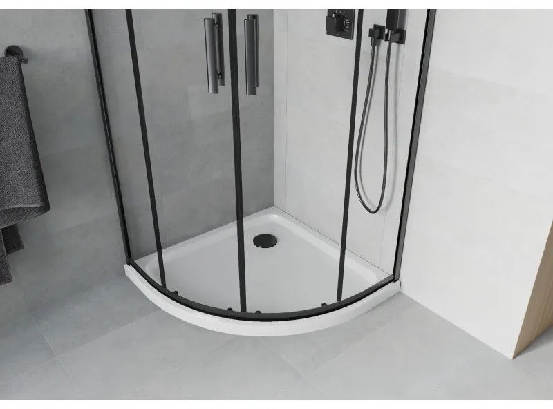 Mexen Rio, štvrťkruhový sprchovací kút s posuvnými dverami 80 x 80 cm, 6mm číre sklo, čierny profil + biela sprchová vanička, 863-080-080-70-00-4110B