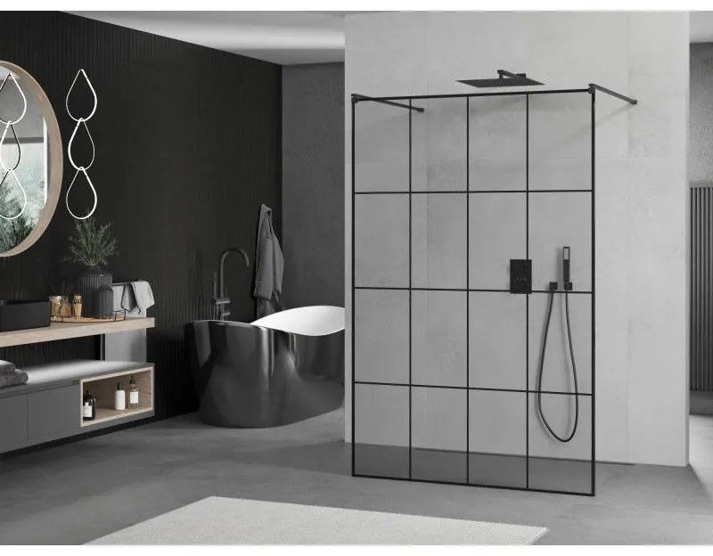 Mexen Kioto, sprchová zástena Walk-In 160 x 200 cm, 8mm sklo čierny vzor, čierny profil, 800-160-002-70-77
