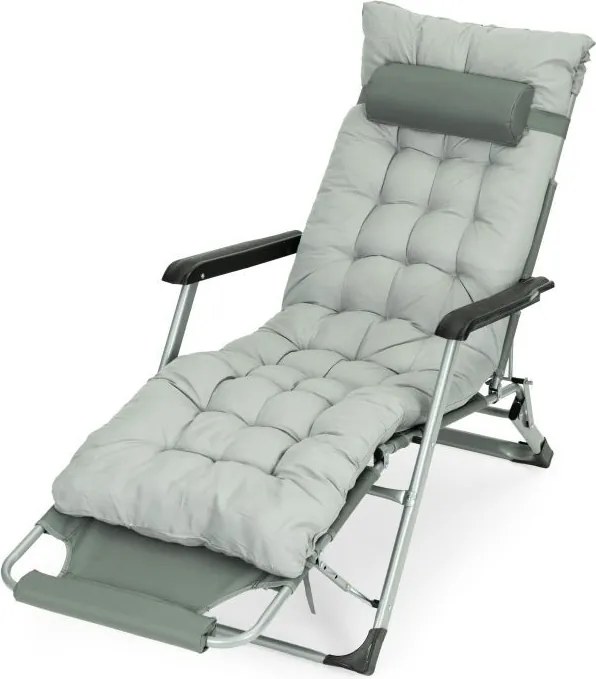 Záhradné plážové ležadlo 2 v 1 s vankúšom, opierkou hlavy, nastaviteľnou opierkou nôh, sivé