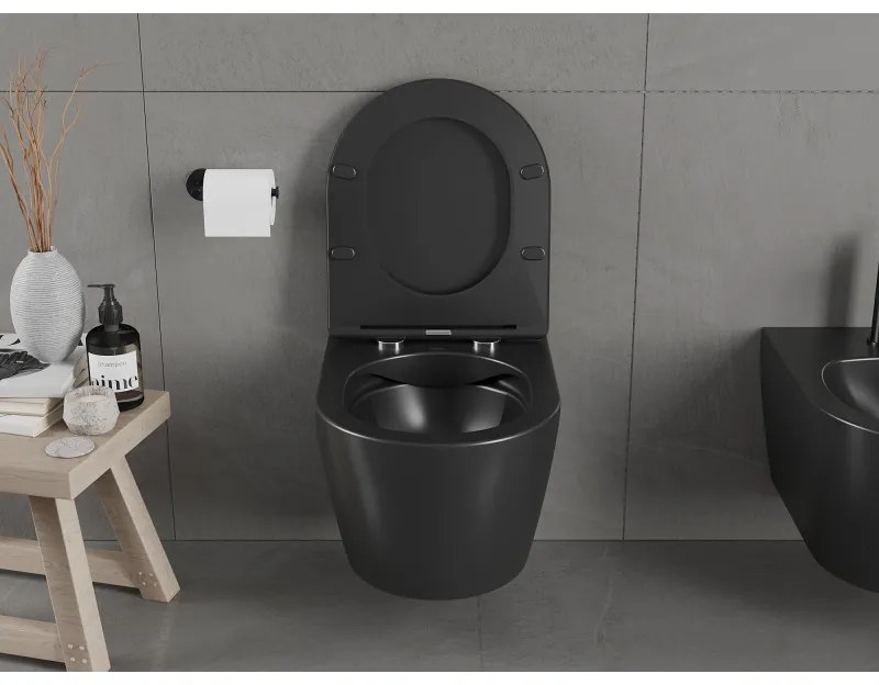Mexen Carmen závesné wc Rimless s toaletným Slim sedátkom z duroplastu, čierna matná - 30881085