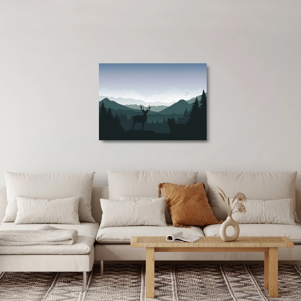Sklenený obraz - Jeleň s vlkom v skalách (70x50 cm)