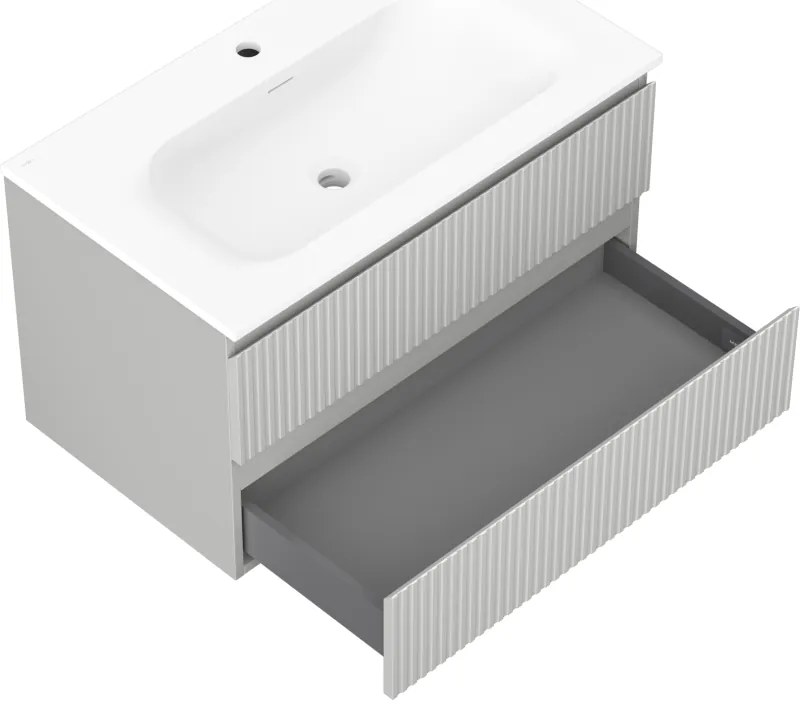 Mexen Rivel, kúpeľňová skrinka 80 cm s umývadlom Vela, 2 zásuvky, drážkovaná, sivá matná/biela, 91A20-08047-2-BFF62-W23M01