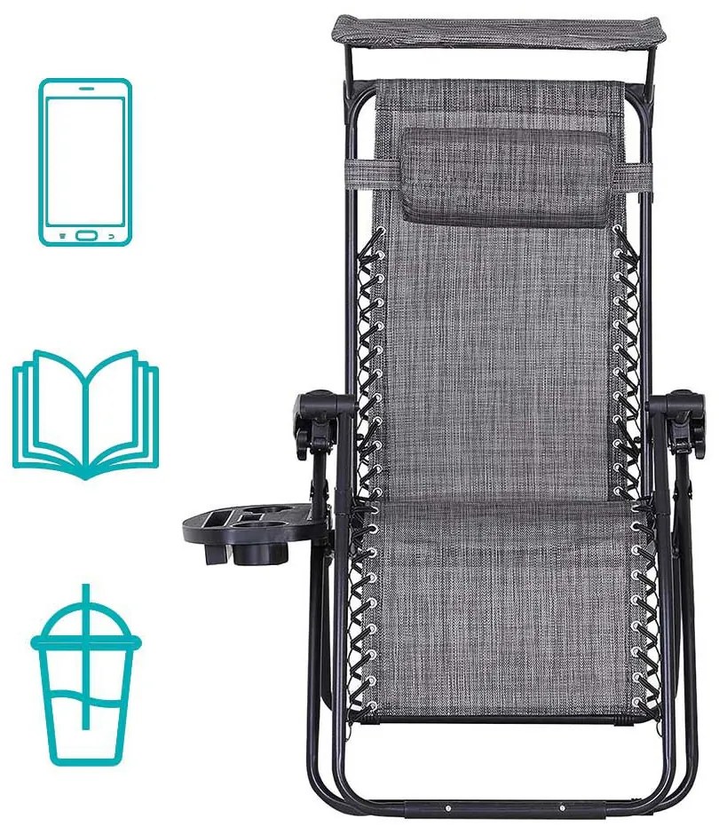 Zero gravity stolička s markízou a držiakom na pohár, 2 ks, viac farieb, sivá