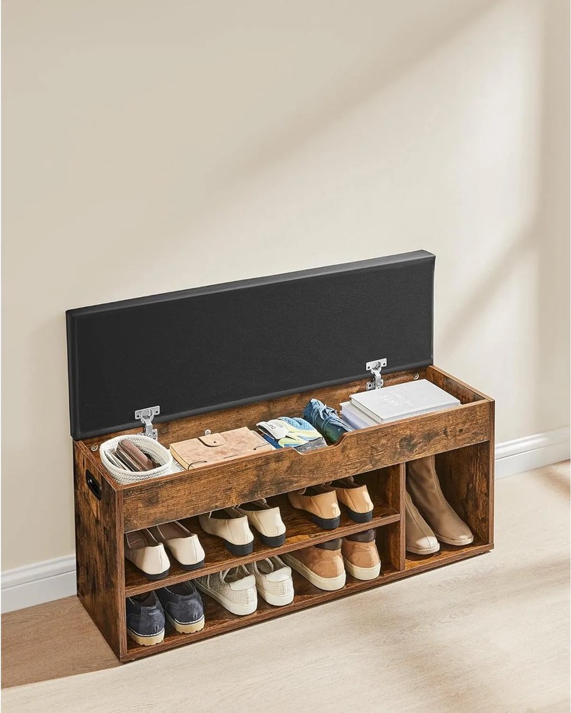 Lavica na topánky, úložná lavica s čalúneným sedadlom, 3 priehradky, rustikálna hnedá