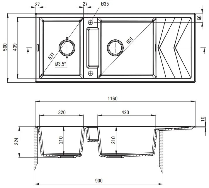 Deante Magnetic, 2-komorový granitový drez s odkvapkávačom 1160x500x224 mm, čierna matná, DEA-ZRM_N213