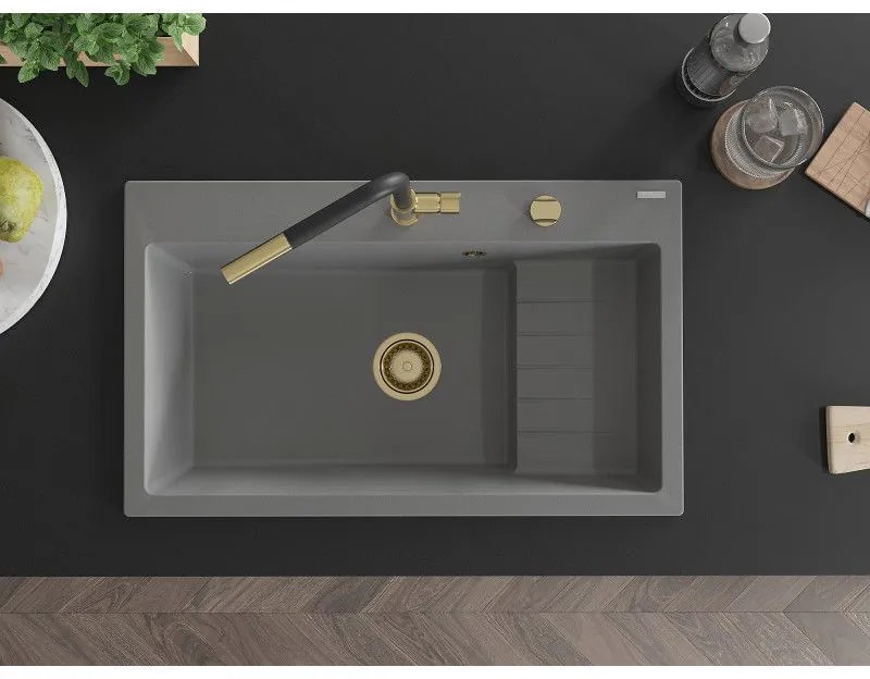 Mexen Omar, 1-komorový granitový drez 800x480x210 mm, šedá, zlatý sifón, 6520801005-71-G