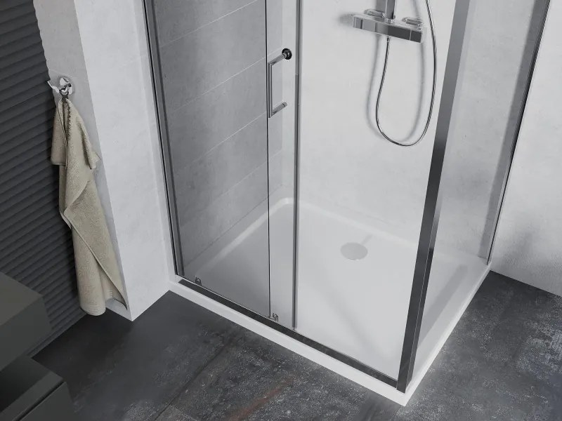 Mexen Apia, sprchový kút s posuvnými dverami 90 (dvere) x 80 (stena) cm, 6mm číre sklo, chrómový profil + slim sprchová vanička 5cm, 840-090-080-01-00-4010