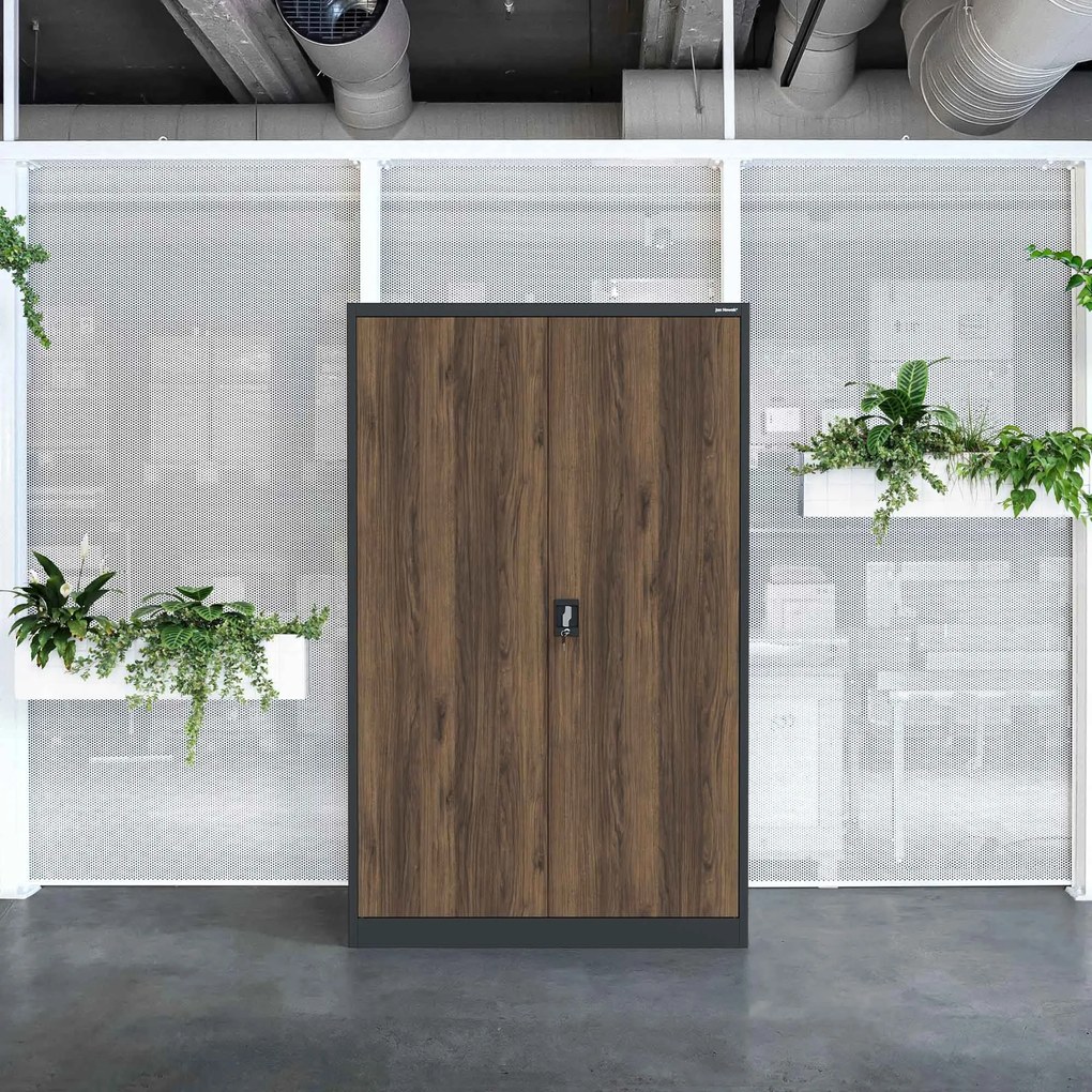 Kancelárska kovová skrinka na dokumenty JAN II, Eco Design: antracit/orech