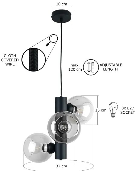 Luster na lanku TUBE 3xE27/60W/230V čierna/číra