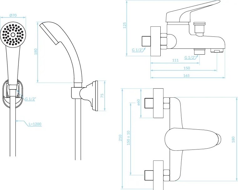 Kuchinox Oris, nástenná vaňová batéria s ručnou sprchovou súpravou, chrómová, LAV-BQO_011D