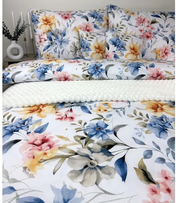 Obliečky Toscania 200x220 / 2×70x90 cm – 100% bavlna, kvetinový vzor, biely podklad s oranžovými, modrými a ružovými detailmi, zips