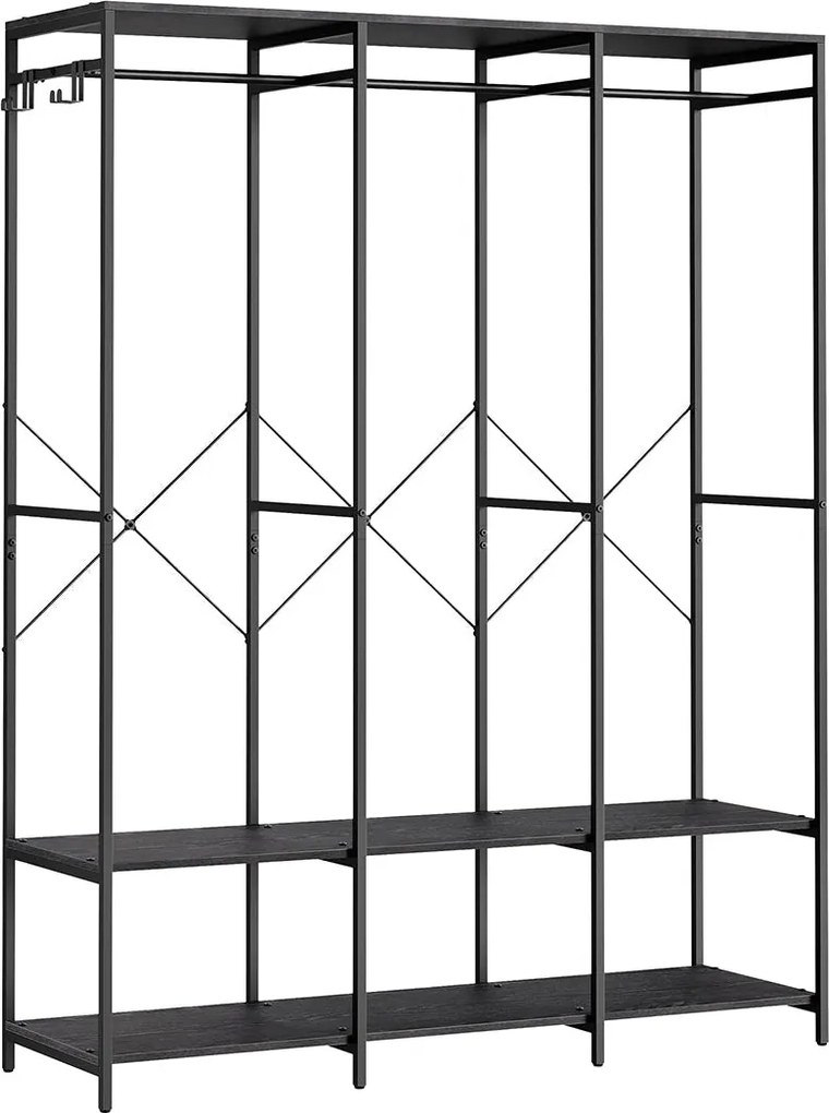 Vešiak na šaty, otvorená skriňa, s policami, 141x40x180cm, čierna